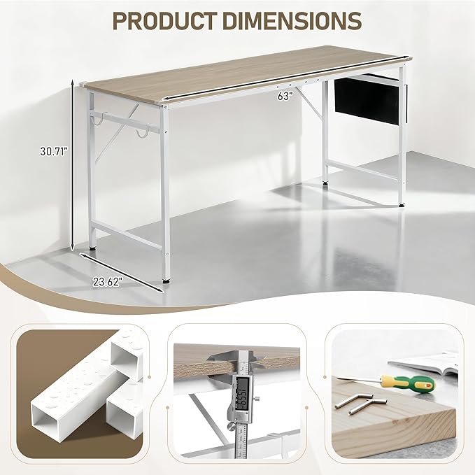VINGLI 63 Inch Computer Office Modern Simple Gaming Desk with Side Fabric Drawer &amp Hook Up Wear-Resistant Surface Writing Desk Work Desk for Bedroom Living Room Oak Grey