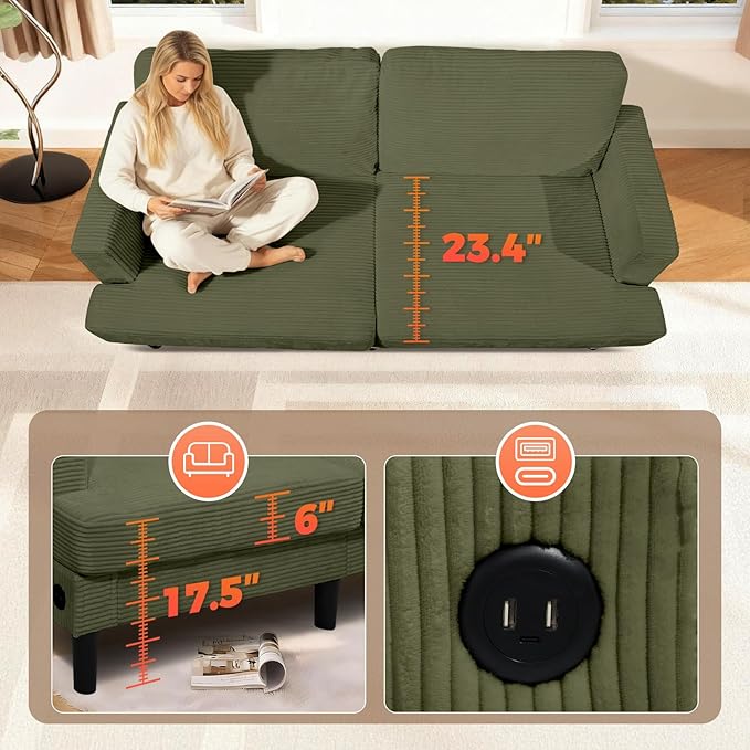 Loveseat Sofa Couches for Living Room 70 Love Seat Sleeper Sofa with USB Upgrade Upholstered 2-Seater Deep Seat Couch Corduroy Small Couch for Bedroom Apartment Office (Light Green)