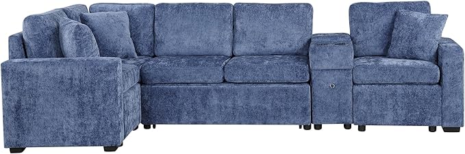 120.5 L-Shaped Convertible Sofa Bed with Pull-Out Bed Chenille Modular Sectional Sofa Reversible Sleeper with Cup Holders and Ample Storage Space for Living Room (Blue-120.5D)