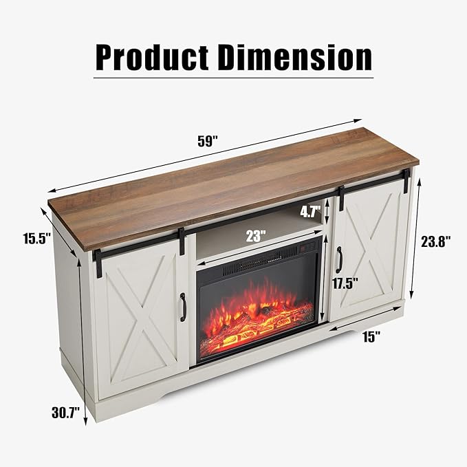 AMERLIFE Fireplace TV Stand with Sliding Barn Door for TVs up to 65 Farmhouse 59 Fireplace Entertainment Center with Storage Cabinets/Adjustable Shelves Distressed White &amp Barnwood
