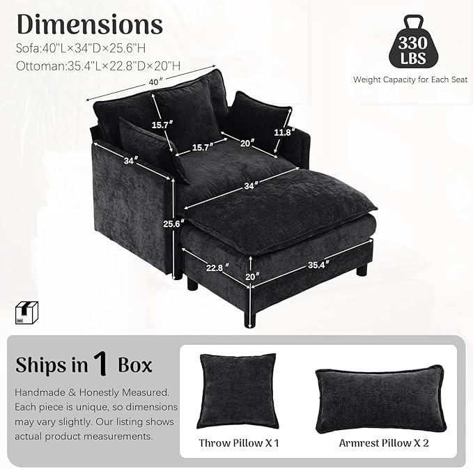 Redlife Modular Single Seat Sofa with Ottoman Chenille Upholstered Accent Chair Spring-Embedded 30D Foam Cushion Removable Covers Solid Wood Frame Easy Assembly Lounge Chair Black