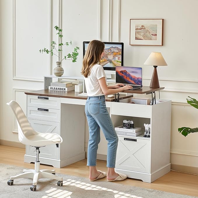 63 Executive Desk Home Office Desk with Lift Top Farmhouse Gaming Desk with File Drawer Charging Station Sensor Lights Wood Computer Table with Monitor Stand (White)