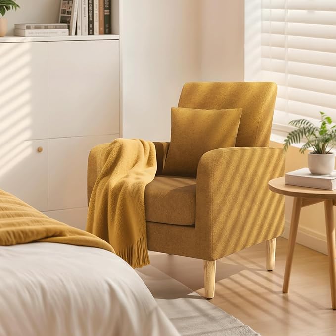Magshion Mid-Century Accent Chair for Living Room Comfy Reading Chair for Bedroom Upholstered Linen Fabric Armchair Single Sofa with Back Pillow &amp Wood Legs 300 lbs Capacity Yellow