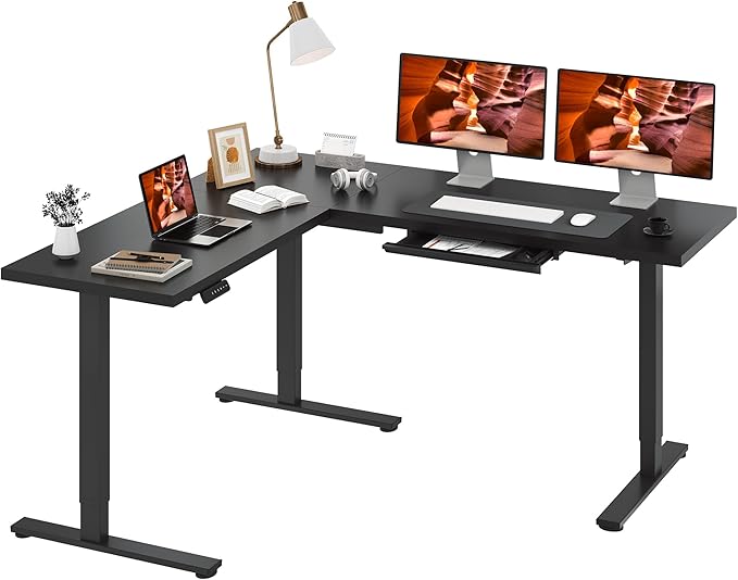 L-Shaped Standing Desk 71 x 63 Inches Height Adjustable Desk with Storage Sit and Stand up for Work Office Home Ergonomic Rising Computer Table for Home Office with Splice Board Black