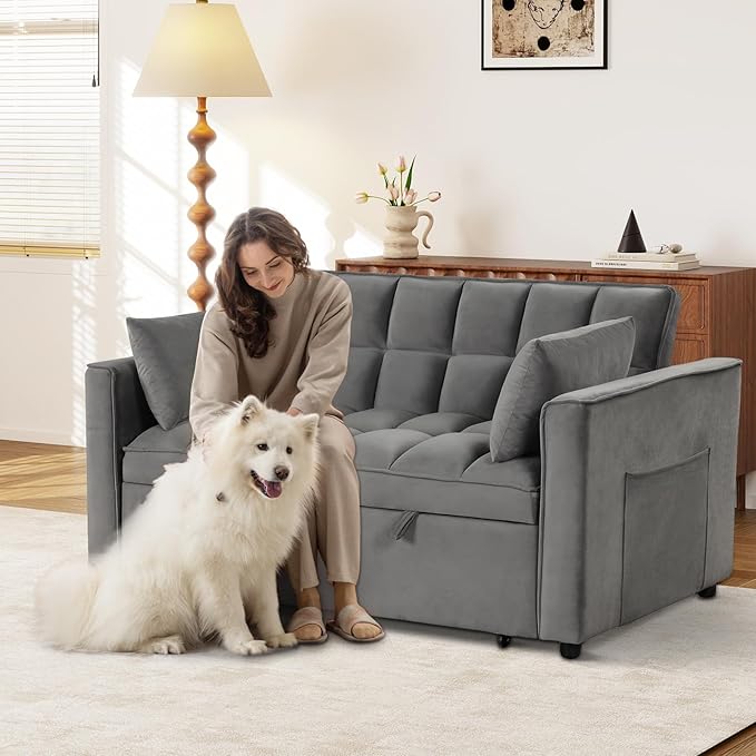 ANJ 3 in 1 Convertible Sofa Bed Pull Out Futon Loveseat Sleeper Sofa Couch with Adjustable Backrest Storage Pockets 2 Pillows for Living Room Bedroom