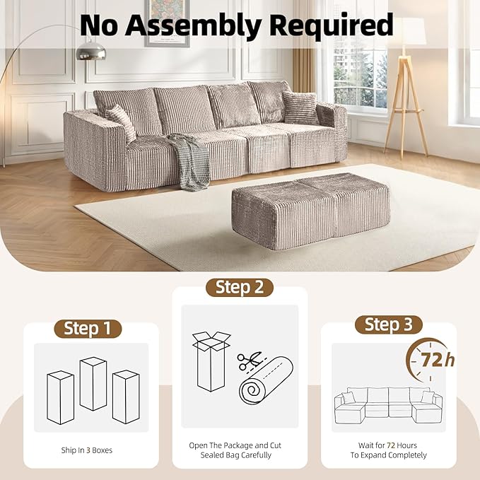 124 Modular Sectional Sofa U-Shaped 4 Seater Boneless Couch with 2 Ottomans Modern Cloud Sectional Couch Deep Seat Sofa for Living Room Bedroom Apartment No Assembly Required