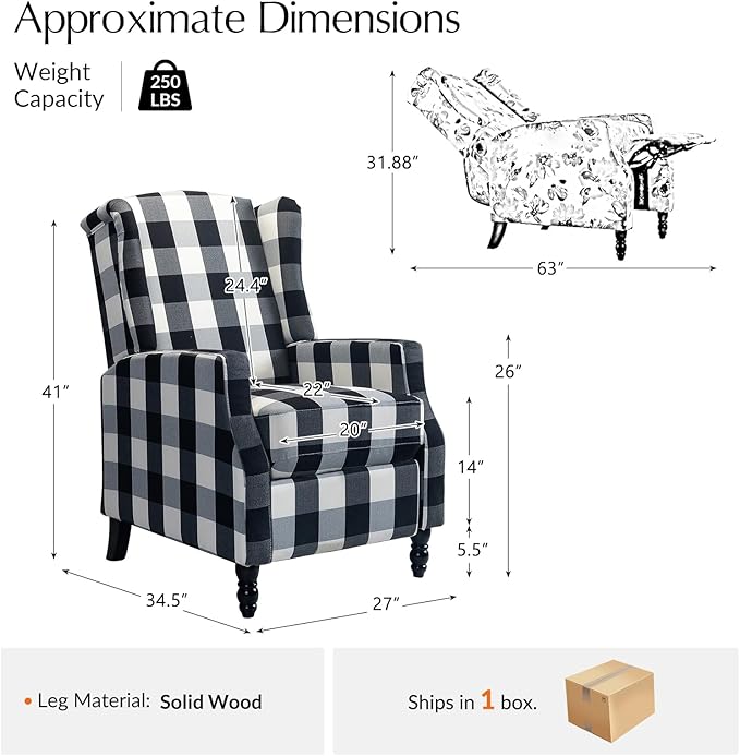 Mid Century Modern Wingback Recliner Chair Upholstered Push Back Recliner Sofa Lounge Armchair for Living Room Home Theater Accent Chairs Recliners Couches