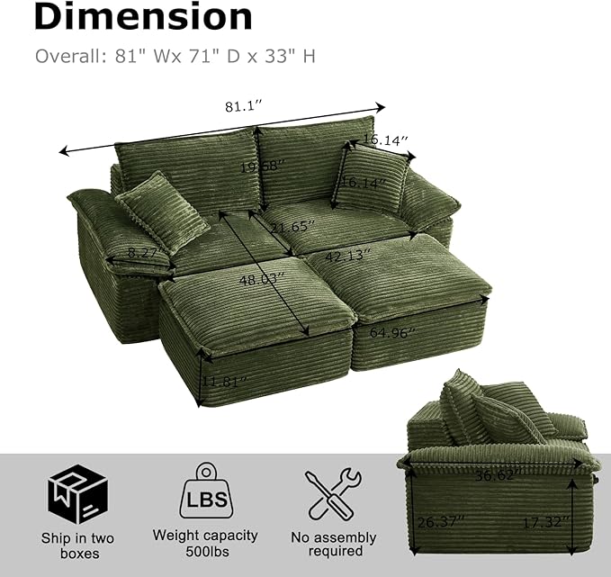 Convertible Sofa BedSleeper Sofa with Deep SeatComfy Corduroy Fluffy Boneless Couch with Movable OttomanCloud Couch for Small PlaceNo Assembly Required.（LoveseatGreen）
