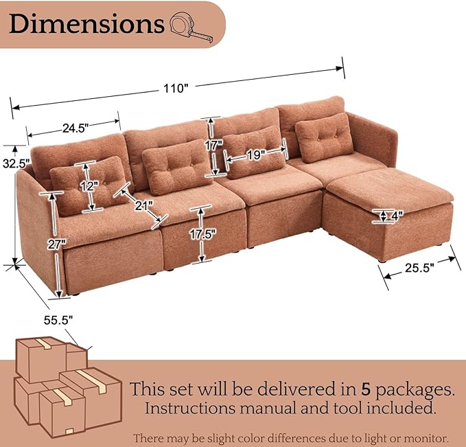 LukeAlon L Shaped 4 Seater Modular Sectional Sofa Couch with Waist Pillow Modern Chenille Sofa Set with Ottoman 110 Comfy Upholstered Sleeper Sofa Couches for Living Room Office Light Brown