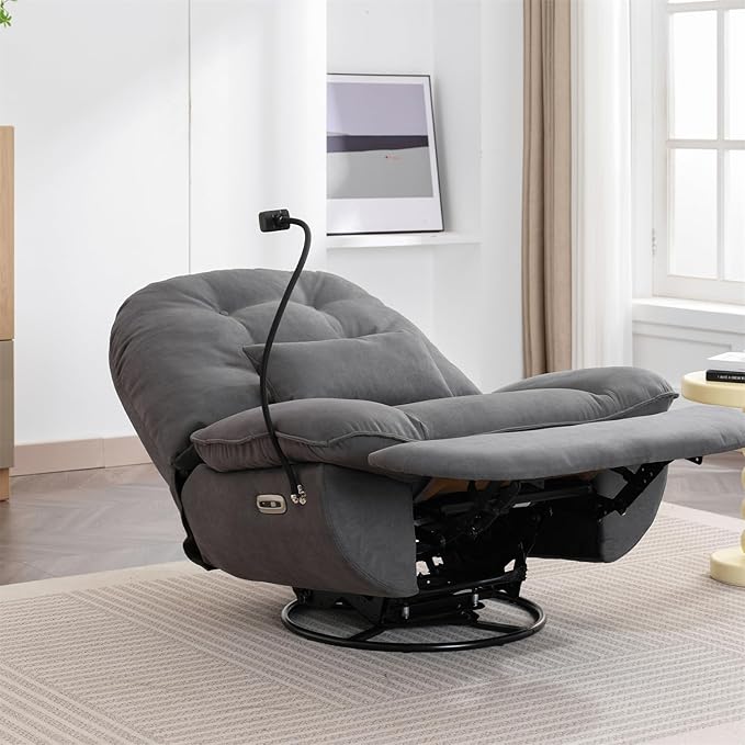 Power Recliner Sofa Chair 270 Degree Swivel Leisure Single Sofa with Button Control Wireless Speaker USB Ports Hidden Arm Storage Phone Holder for Living Room Grey Fabric (Without LED)
