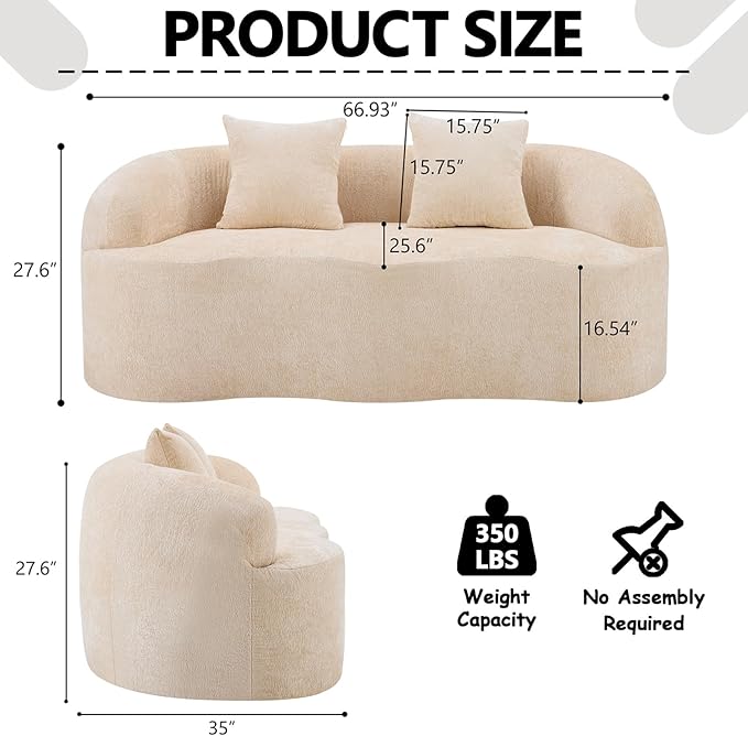 67 Curved Loveseat Sofa with 2 Pillows Boneless Curved Couch with Round Armrest Cloud Sofa for Living Room Bedroom Small Spaces Teddy Modern Compressed No Assembly (Beige Warm)