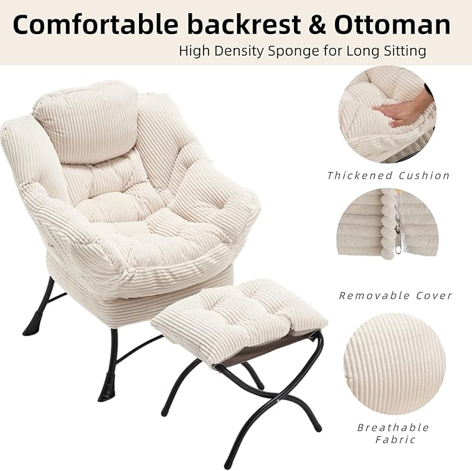 Modern Lazy Chair with Ergonomic Ottoman Comfortable Lounge Chair with Footrest for Space Saving Comfy Reading Armchair for Living Room Bedroom Office White