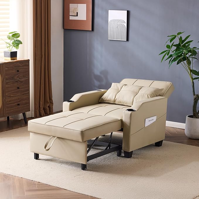 VINGLI Beige Sleeper Chair Bed 3-in-1 Convertible Futon Sofa Bed Pull Out Couch Bed Adjustable Recliner Chair with USB Ports Cup Holders Side Pockets for Living Room Bedroom Small Spaces
