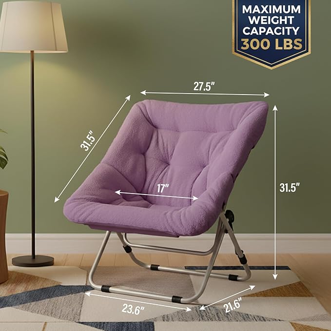 Tiita Comfy Folded Chair Soft Faux Fur Oversized Folding Accent Chair Lazy Chair for Teens Adults Metal Frame Moon Chair for Bedroom Living Room Dorm Rooms