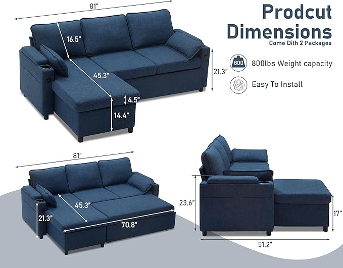 DURASPACE Sofa Bed Sleeper Pull Out 2 in 1 Sectional Sleeper Sofa Couches with StorageUSB Cup HolderPullout Sectional Couches for Apartment Living Room (Blue)