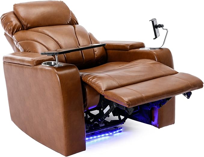 Power Motion Recliner Electric Power Recliner with Hidden Arm Storage Cup Holder Phone Holder Tray Table Faux Leather Rocker Chair for Small Spaces (Light Brown/78)