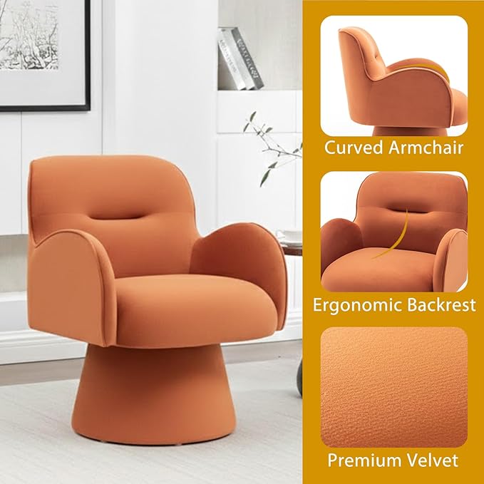 Swivel Chair with Armrest Modern Velvet Barrel Chairs with Curve Back Soft Cushion Comfy Accent Round Armchair Single Sofa for Living Room Bedroom Orange