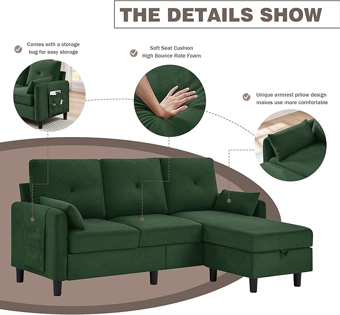 77 Convertible Sectional Couches 3 Seat L Shaped Couch Sofa with Storage Chaise &amp Removable Pillows Linen Fabric Small Couch Mid Century for Living Room Apartment and Office Green