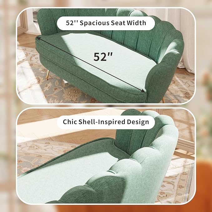 59'' Loveseat Sofa Modern Chenille 2-Seater Sofa with Golden Legs Comfy Upholstered Shell Accent Couch for Studio Living Room Store Office (Green).