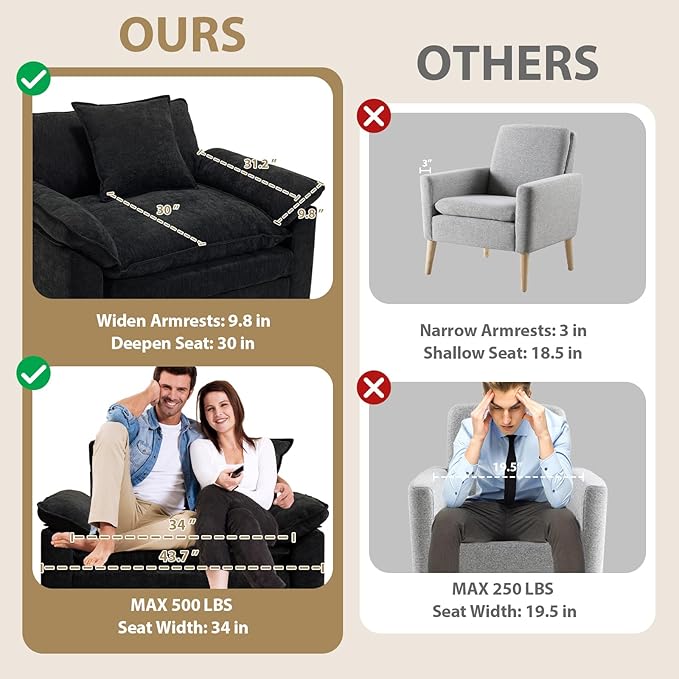Chenilli Oversized Accent Chair Set of 2 Armchair Chair Comfy Single Sofa with Large Seat and Extra Wide Armrests UpholsteredReading Chairs for Bedroom Living Room