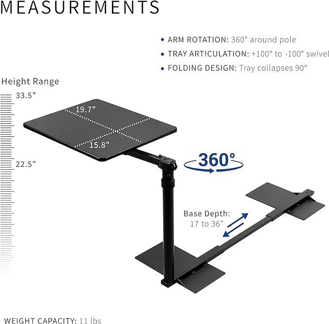 VIVO 20 inch Over Couch Swivel Table Laptop Desk for Remote Work Portable Recliner Workstation with Height Adjustable Swing Arm Black DESK-ST01C