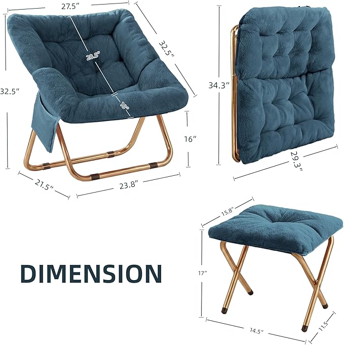 Comfy Saucer Chair Foldable Living Room Chairs Soft Faux Fur Lounge Chair for Bedroom Reading Chairs for Adults Teens X-Large (Blue Grey)