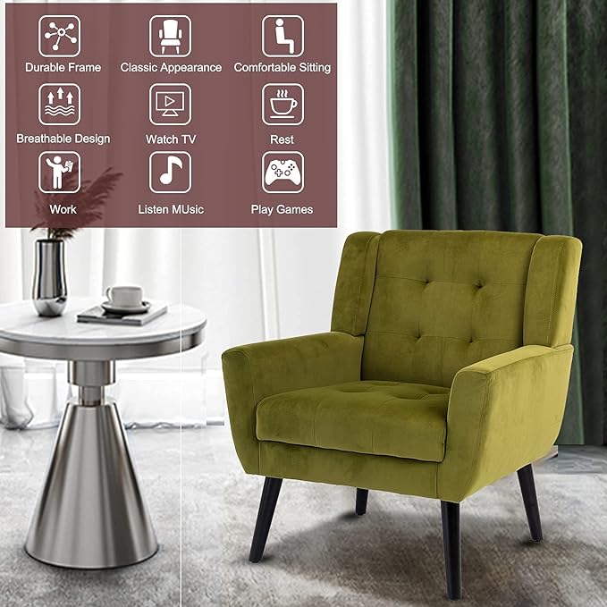 SSLine Velvet Accent Arm ChairSolid Wood Frame Modern Upholstered Wingback Single Sofa Armchair Club Chair with Metal Legs Thick Cushion for Living Room Bedroom (Green)