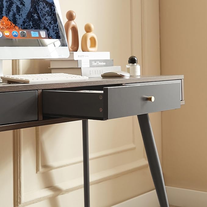 KEVINSPACE Mid Century Desk with Drawers 47 Modern Home OfficeDesk Writing StudyDesk ComputerDesk with Metal Legs &amp 3 Drawers Multipurpose Vanity TableDesk for Bedroom Office Walnut&ampGrey