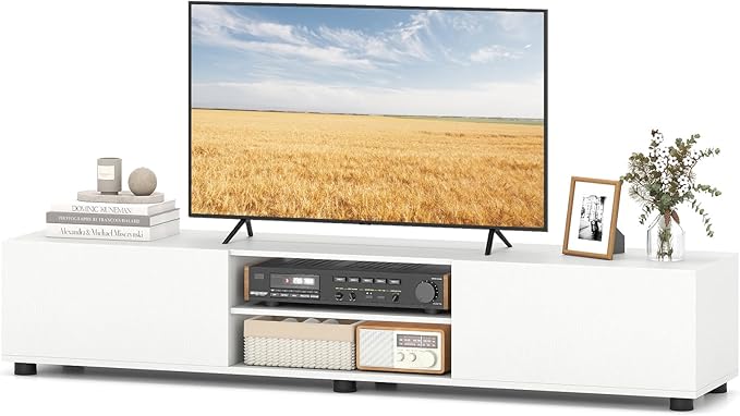 Tangkula Modern TV Stand for up to 70” TVs 63”L Minimalist Entertainment Center w/ 2 Doors &amp Open Shelves Media Console Table Storage Cabinet with 6 Support Feet for Living Room (White 63”L)