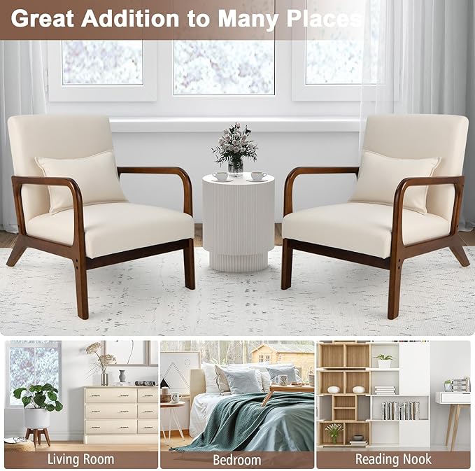 GORELAX Mid Century Modern Accent Chair Upholstered Lounge Armchair with Wood Frame &amp Lumbar Pillow Comfy Reading Chair for Living Room Bedroom Office (1 Beige)