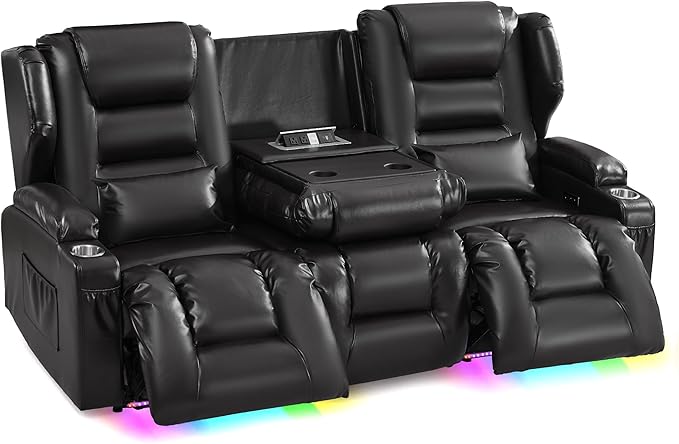 SAMERY Loveseat Recliner Sofa Power Reclining Loveseat Sofa Wall Hugger Recliners RV Couch with Flip-Backrest Solid Wood Top Ambient LED Lights USB-C Outlets Faux Leather Black | Extra Wide Se
