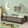 Bellemave Twin Floor Bed Frame with Slats and Safety Guardrail Wood Twin Size Montessori Floor Bed with Door and Fence Easy Assemble Montessori Beds for Kids Girls Boys Espresso