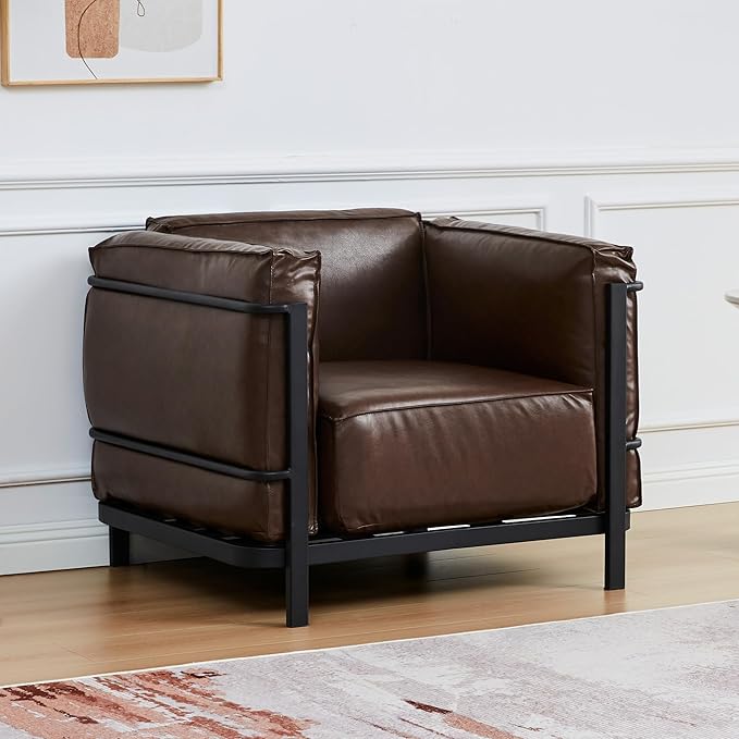 3 Piece Living Room Sofa set Mid-Century Modern Upholstered Couch Chair Faux Leather Sofa Couch with Iron Frame and Upholstered Armrest Backrest Cushion for Living Room Office Apartment (Brown)