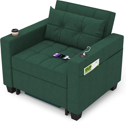 DURASPACE Futon Sofa Bed 3 in 1 Convertible Sofa Chair Bed Adjustable Backrest Chair Chaise Lounge with USB Ports Cup Holder Side Pocket Storage Box (Green)