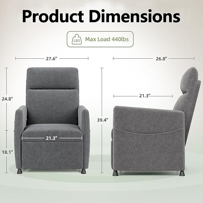 Black Power Recliner Chairs for Adults Lash Chair &amp Lay Flat Recliner for Small Spaces Living Room Bedroom Offices Theater Adjustable Footrest &amp Backrest/Side Pockets/USB (Dark Grey)