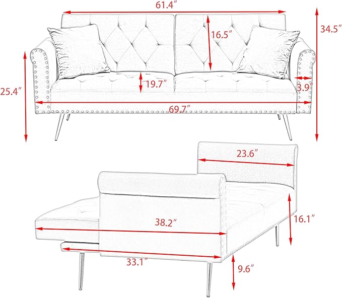 69.7'' Convertible Velvet Sleeper Sofa Bed Upholstered Futon Couch with Nail Head Trim and 2 Matching Throw Pillow for Living Room Bedroom Home Office (Black)