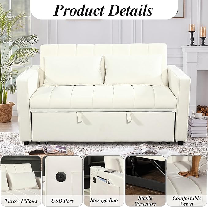 Sleeper Sofa Velvet Pull Out Sofa Bed Convertible Sofa Adjustable Backrest Loveseat Sofa Couch with USB Charging &amp Side Pocket for Living Room OfficeSmall Space-Beige