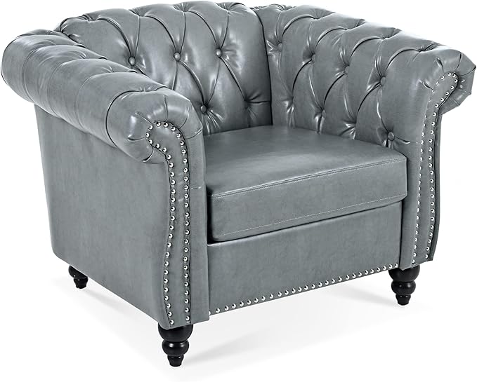 Chesterfield Leather Chair Single Tufted Sofa Club Chair Throne Chair Vintage Living Room Furniture Accent Rolled Arm Chairs for Bedroom Apartment Gray PU