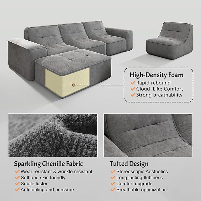 143.7 Modern Modular Sofa Set Sectional Couches for Living Room Boneless L Shaped Sofa with Movable Ottoman Oversized Couches Sparkling Chenille Fabric (Grey 5 Seat)