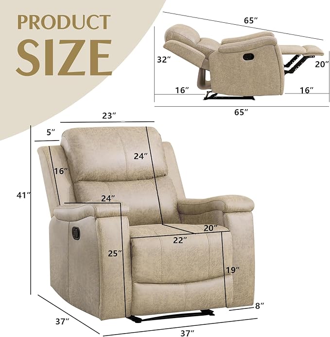 CANMOV Leather Recliner Chair Classic and Traditional Manual Recliner Chair with Overstuffed Arms and Back Manual Single Sofa with Concealed Cup HoldersBeige