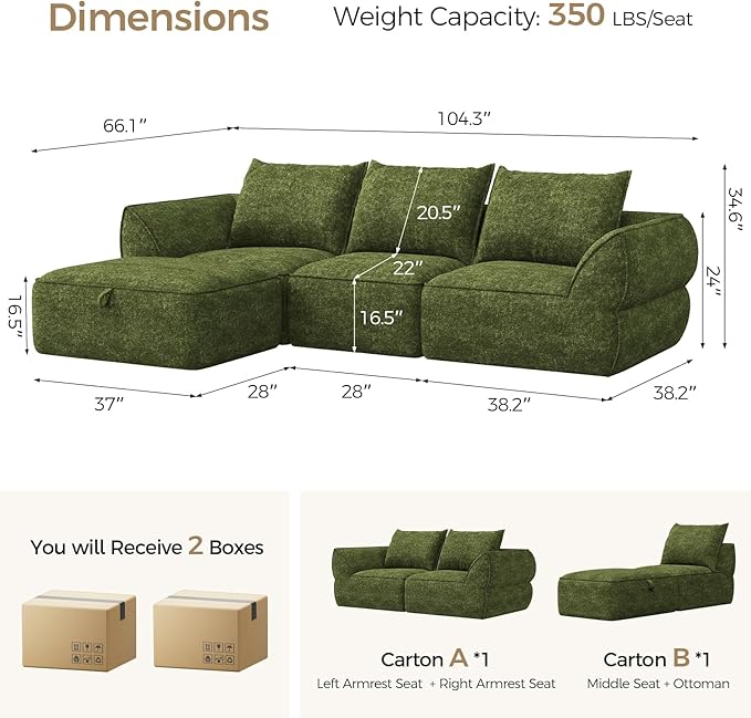 104 Modular Sectional Sofa with Deep Seat Comfortable Upholstery L Shaped Cloud Couch for Living Room 3-Seater Boneless Sofa with Movable Ottoman Removable Cover No Assembly Required Algae Green