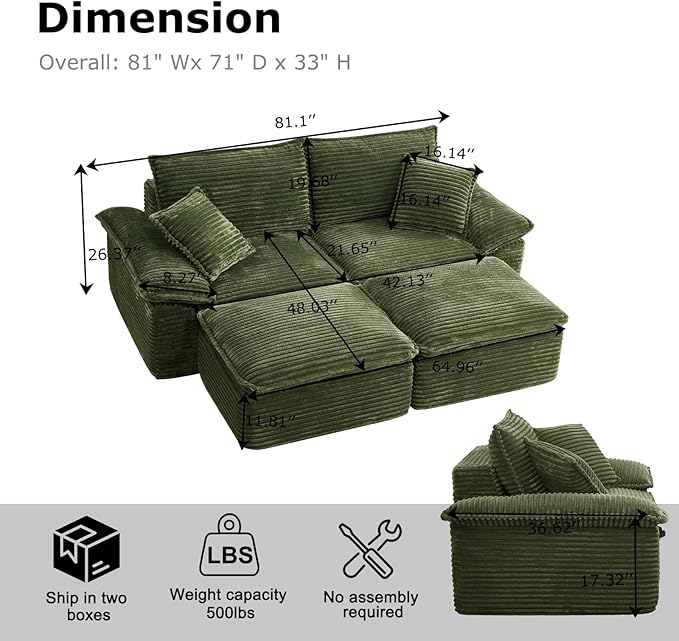 81 Boneless Loveseat with Removable OttomanOversized Upholstered Sofa Bed with PillowsPlush Faux Fur Lounge Reading Chairs with ArmrestsCloud Couches for Living RoomNo Assembly (Green) | No Assem