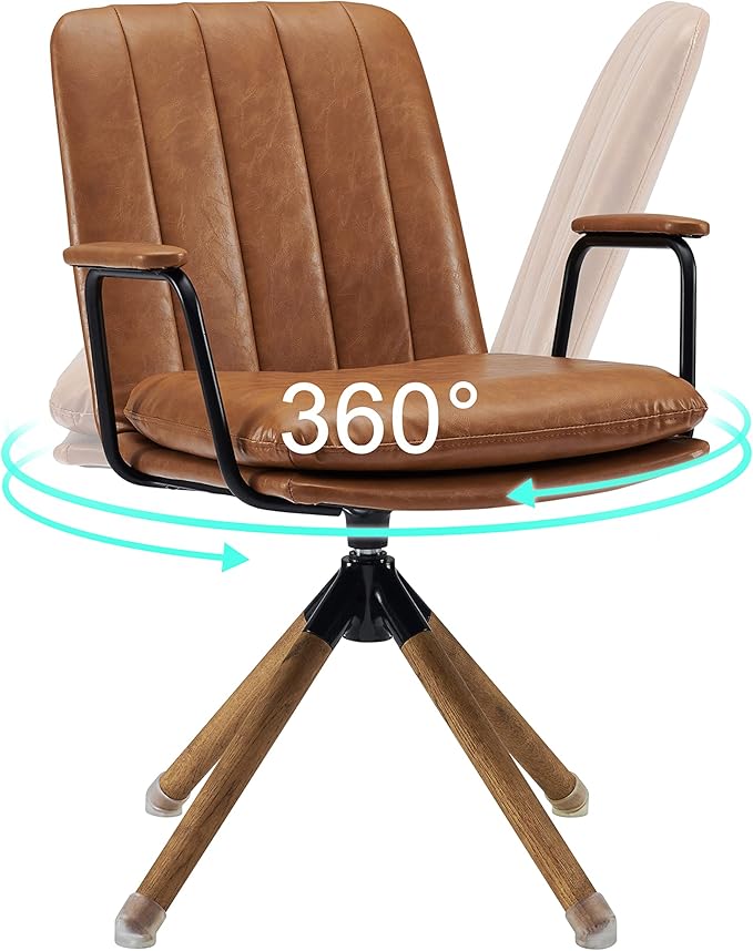 Art Leon Desk Chair No Wheels Set of 2 Mid Century Modern Swivel Chair with Oak Wood Legs Faux Leather Home Office Desk Chairs for Bedroom Living Room Yellow Brown
