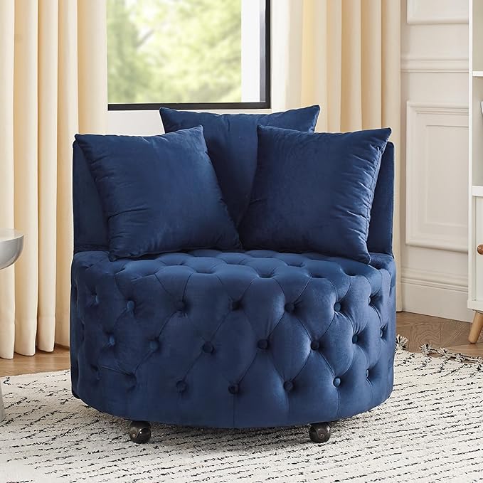 360° Swivel Accent Barrel Chair Velvet Comfy Round Chair with Button Tufted Design &amp 4 Moveable Wheels Upholstered Modern Lounge Reading Chairs for Living Room Bedroom Apartment Clubs(Blue)