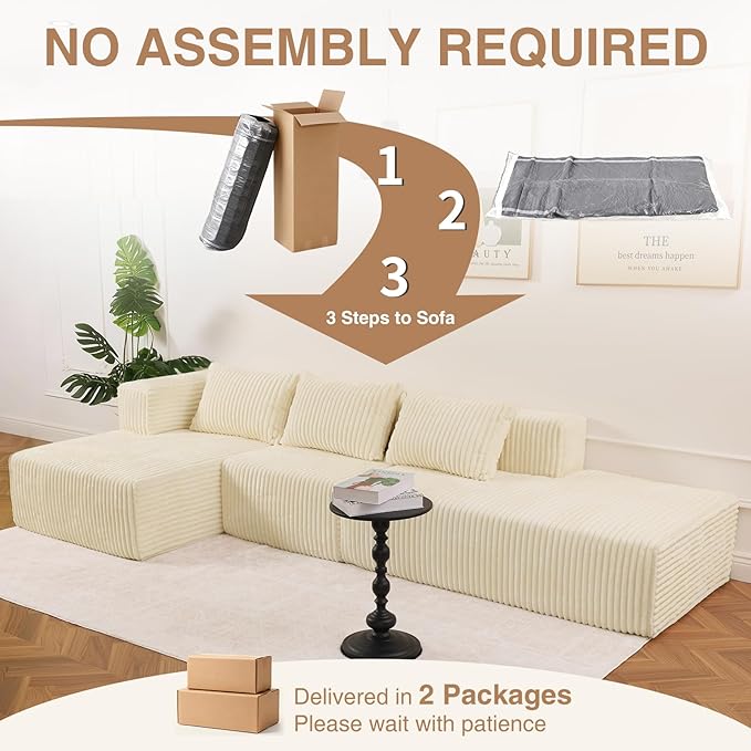 117” Modular Sectional Cloud Couch with L-Shape Chaise Lounge Boneless Convertible Sofa for Living Room Corduroy 4-Seater Couch No Assembly Required Cream Beige Left Facing Chase