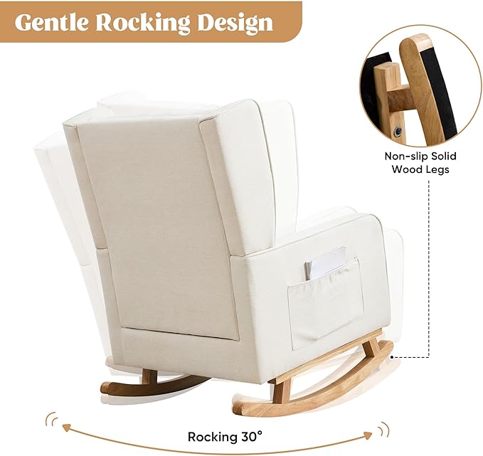 Nursery Rocking Chairs Rocking Chair Nursery for Mom Nursery Rocker with High Backrest and Solid Wood Legs Modern Wingback Accent Chair Set of 2 for Reading Living Room Bedroom Beige