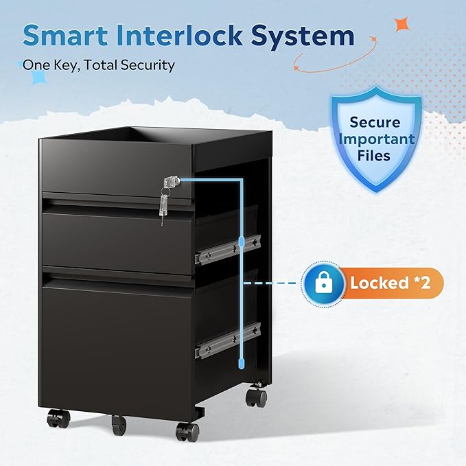 DEVAISE Metal File Cabinet with Lock 2 Drawer Under Desk Filing Cabinet with Wheels Locking File Cabinet for Letter/Legal/A4 Size Black