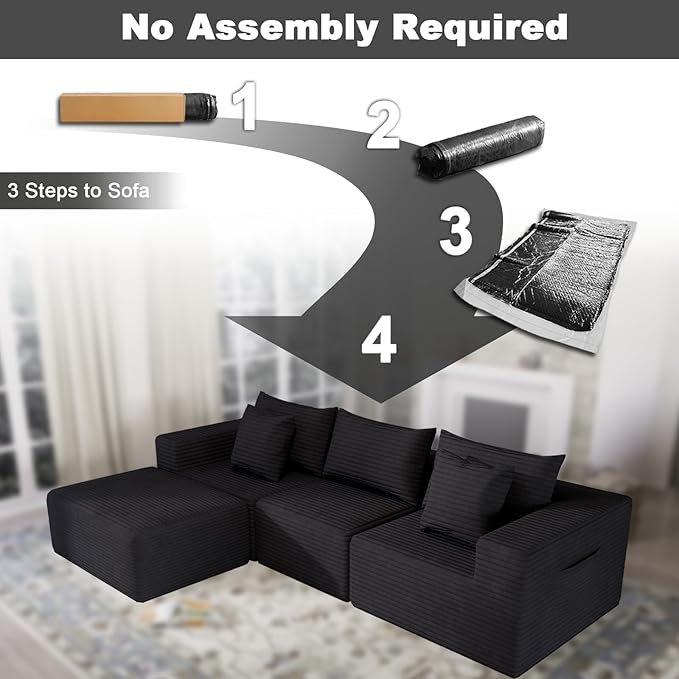 Modular Sectional Sofa Deep Seat Cloud Couch with Throw Pillows Fluffy Comfy Boneless Couch Freely Convertible Memory Foam Sofa for Living Room Apartment Bedroom (Black 4 Seater)