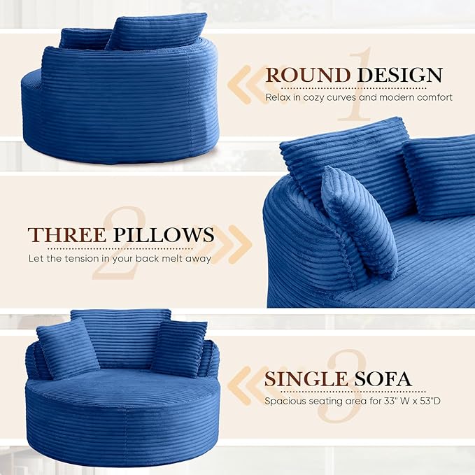 Antetek 53-inch Round Chaise Lounge Chair Indoor Modern Cloud Single Corduroy Couch with 3 Pillows Boneless Compressed Memory Foam Sofa Chair for Living Room Bedroom Apartment Blue