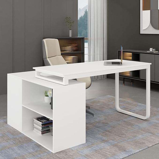 Hitow Reversible Office Desk with Storage Cabinet Executive Computer Desk Writing Table Rotatable to 96.4 Wide or as L Shape Desk Metal Legs Corner Workstation for Home Office White